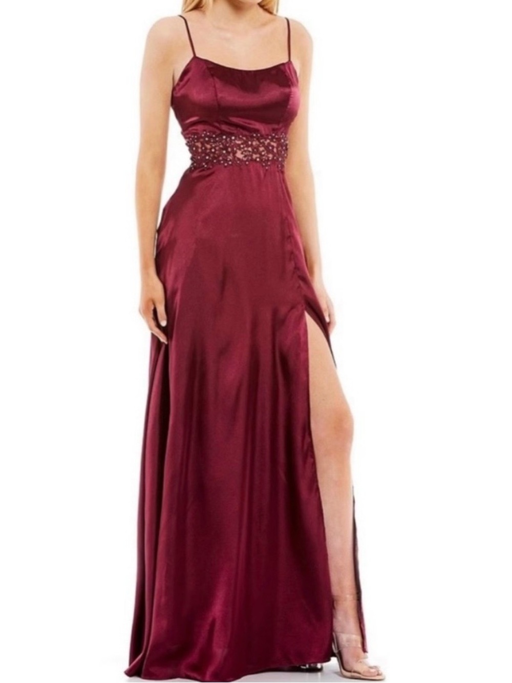 Satin Maxi Illusion Beaded Lace Waist Dress in Merlot by City Vibe Dillard's NWT